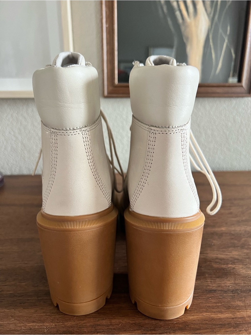 Timberland Cream Lace-Up Heeled Ankle Boots with Tan Platform - Picture 8 of 10